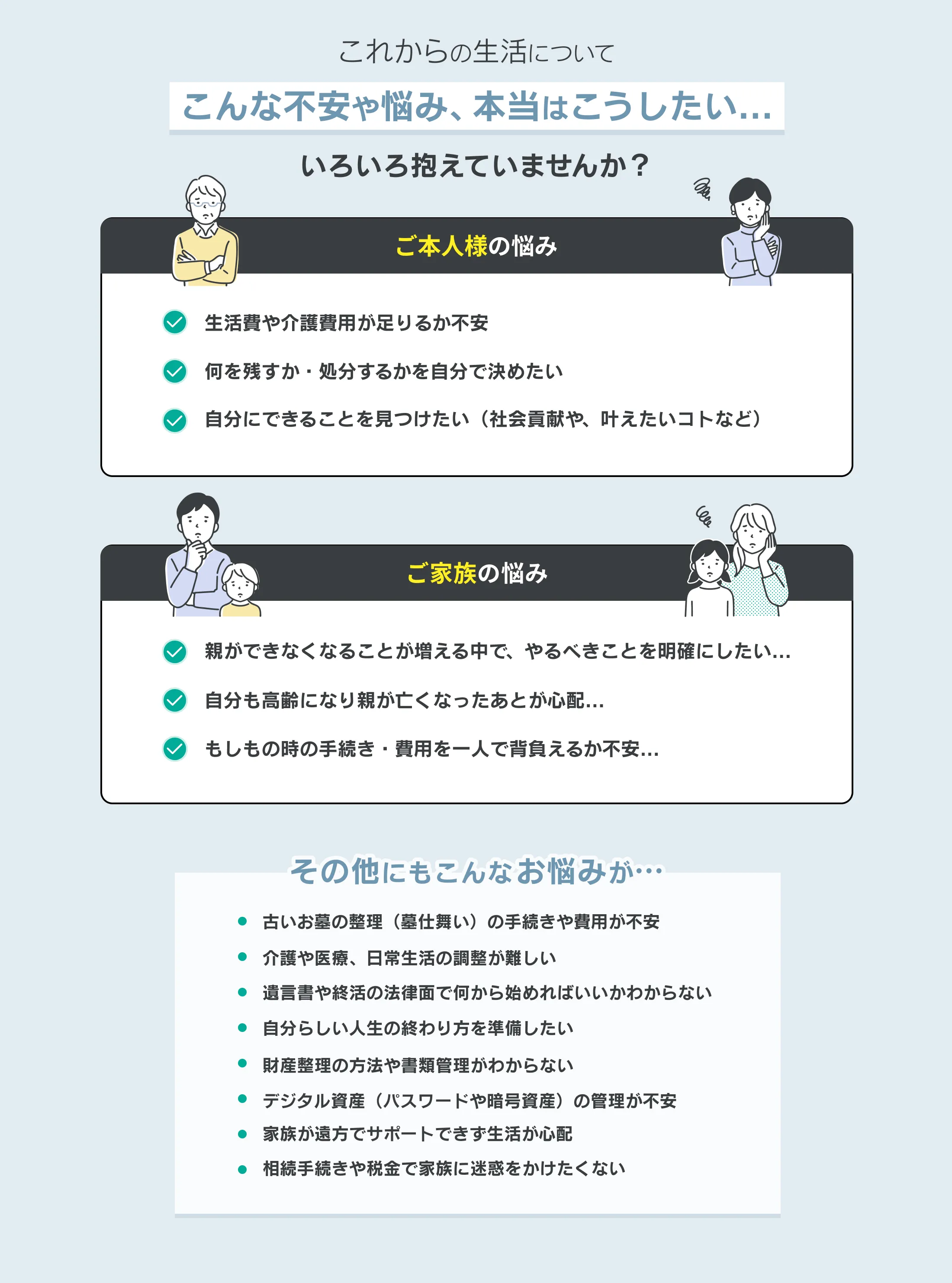これからの生活についてこんな不安や悩み、本当はこうしたい... いろいろ抱えていませんか？
